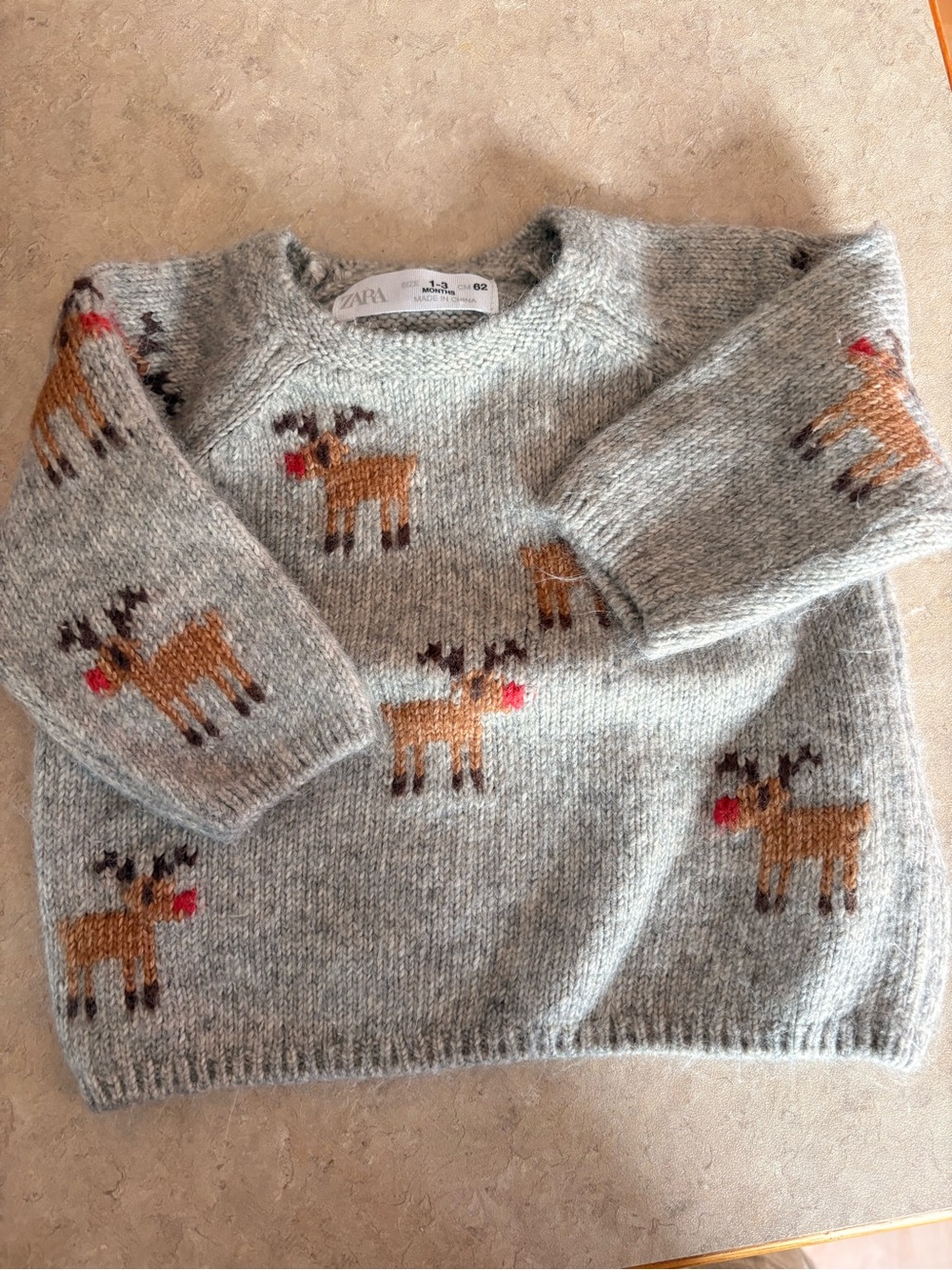 Zara Gray Crewneck Sweater with Brown Reindeer and Red Noses